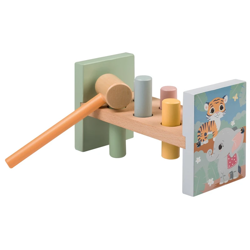 Дървена игра за сръчност Joueco, с чукче и 6 гвоздея